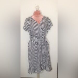 Alyx 100 % Cotton Faux Wrap Short Sleeve midi dress Navy Blue White striped XXL